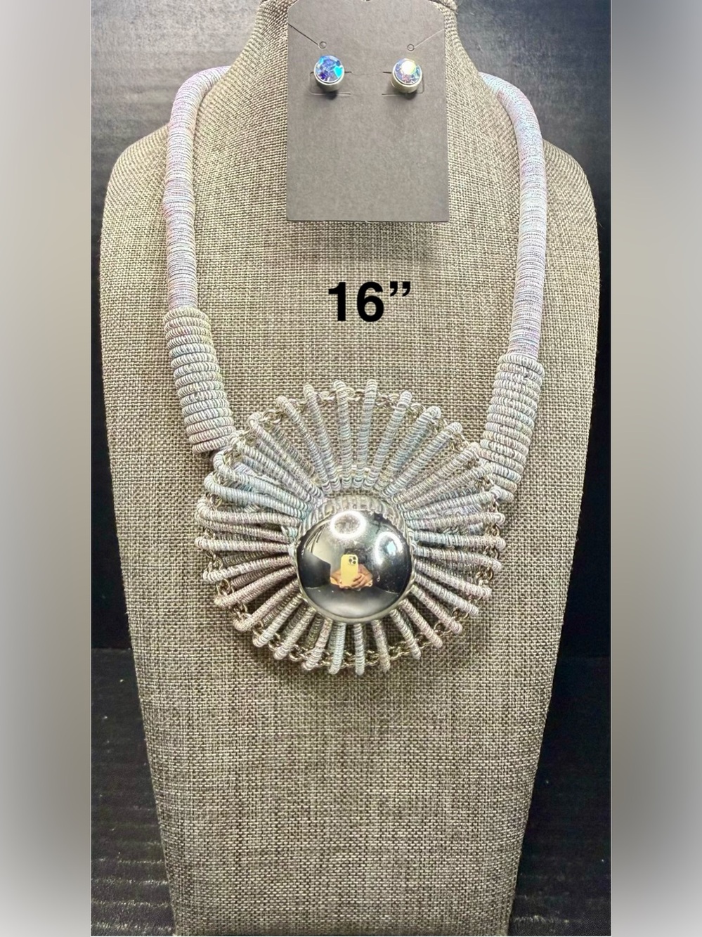 Silver Sunburst Statement Necklace - 16"